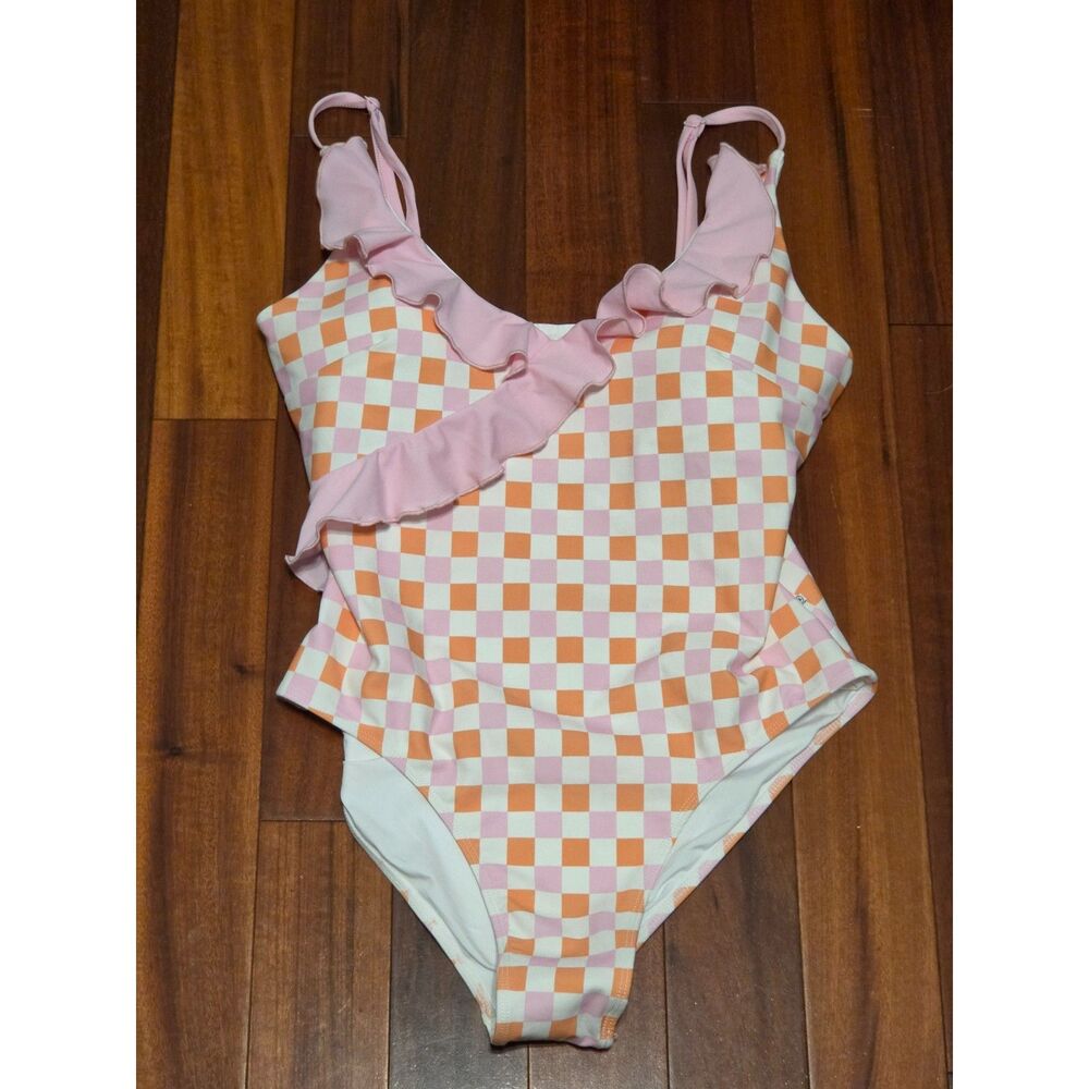 Pink White Orange Checkered Blocked L One-Piece Swimsuit Ruffled Neck